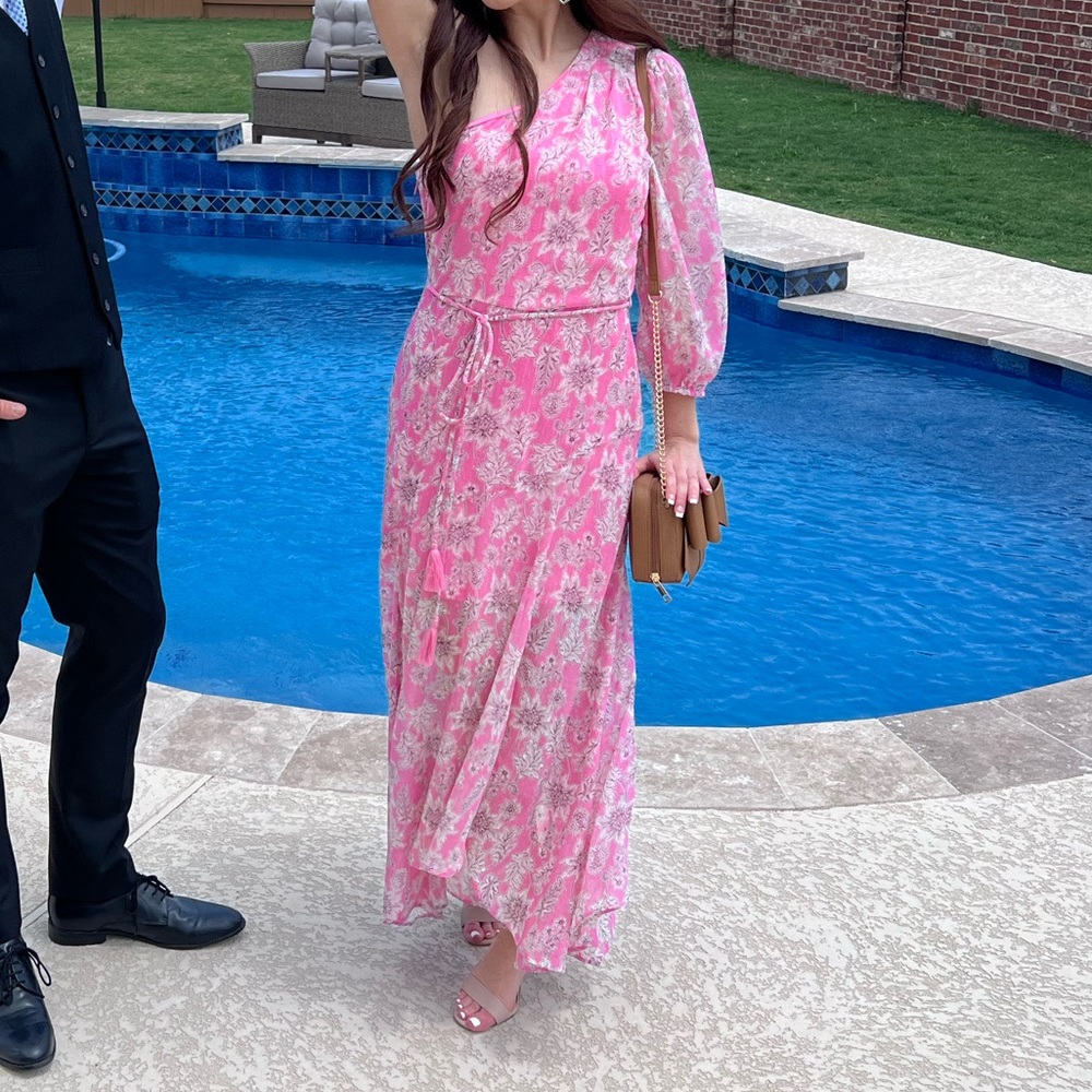 Pink Floral Wrap Dress with White Leaf Print